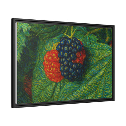 Framed canvas print of a blackberry still life artwork by Printify, featuring detailed blackberries on a textured canvas background.