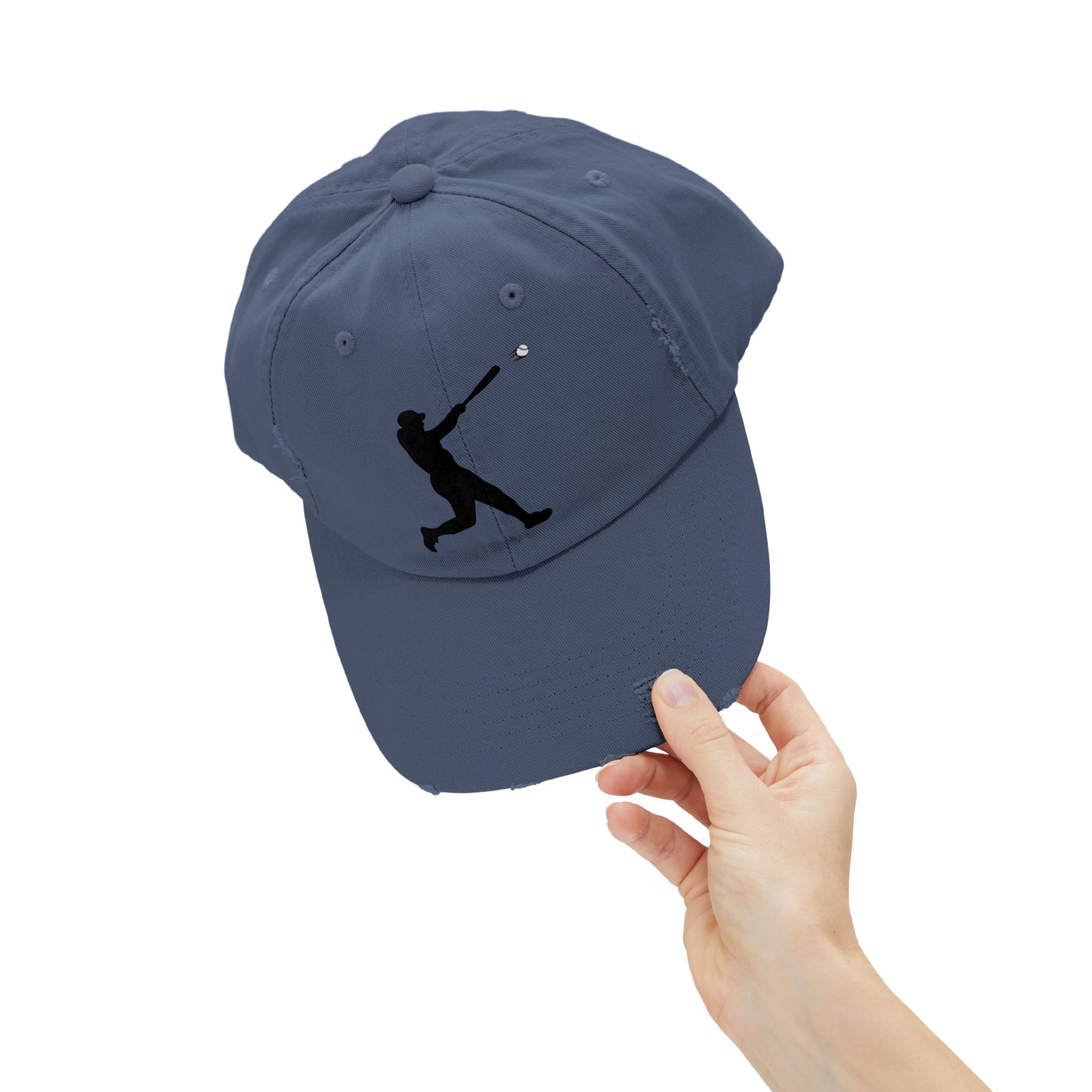 Distressed baseball cap featuring a silhouette batter design, casual hat style, from Printify with a vintage, worn look.