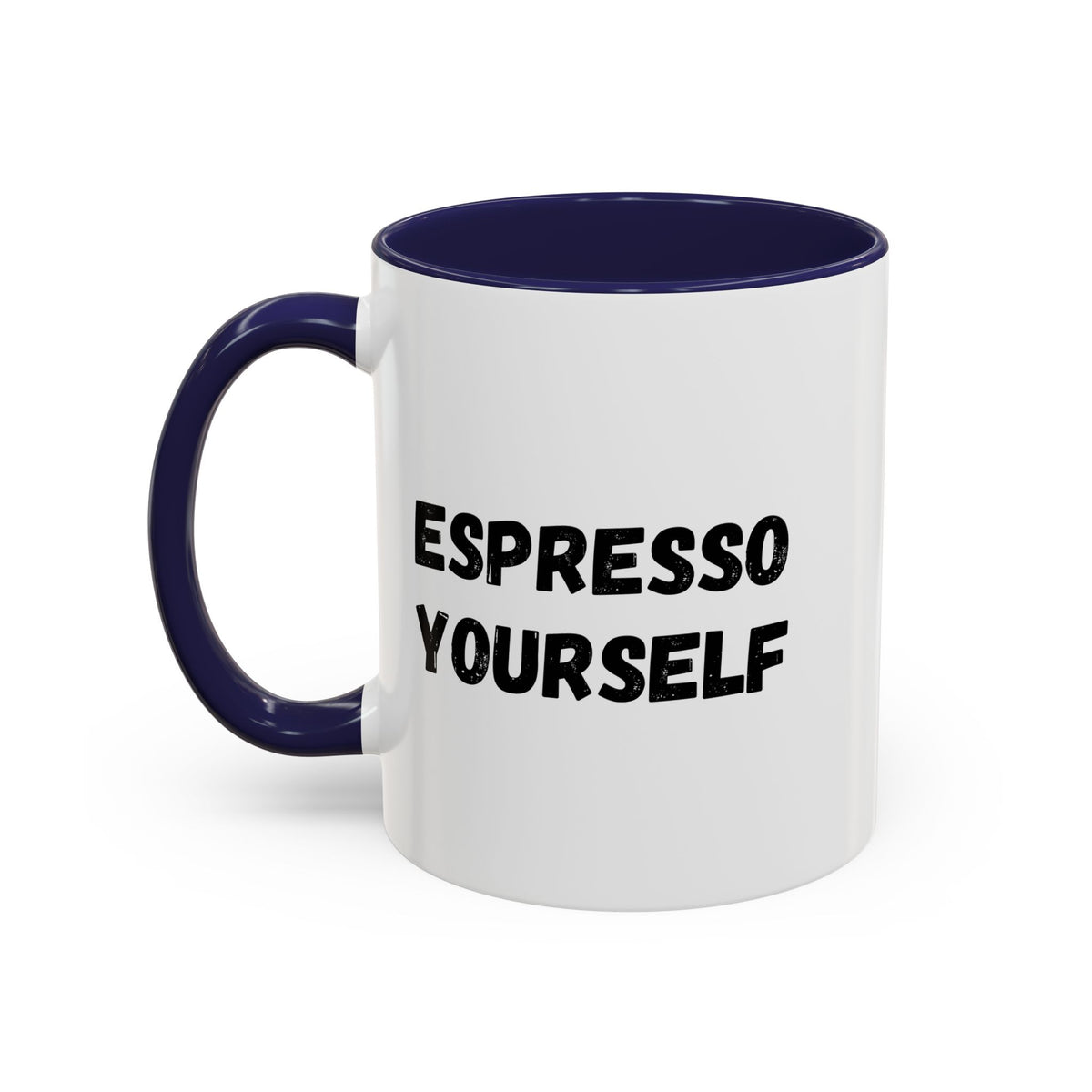 White ceramic Espresso Yourself coffee mug with humorous text, 11 oz size, ideal for coffee lovers.