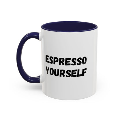 White ceramic Espresso Yourself coffee mug with humorous text, 11 oz size, ideal for coffee lovers.