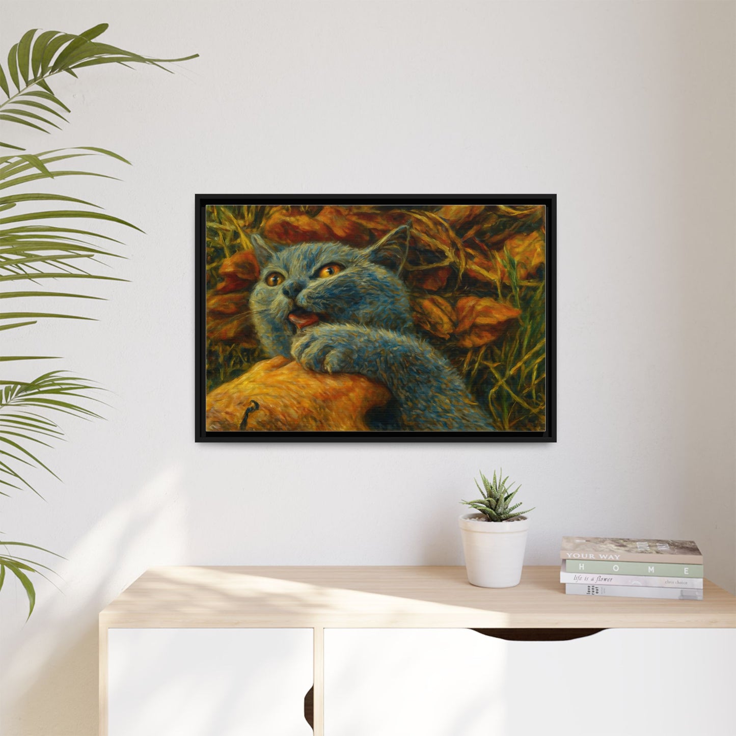 Blue cat canvas print featuring whimsical wall art, perfect gift for cat lovers, printed by Printify.