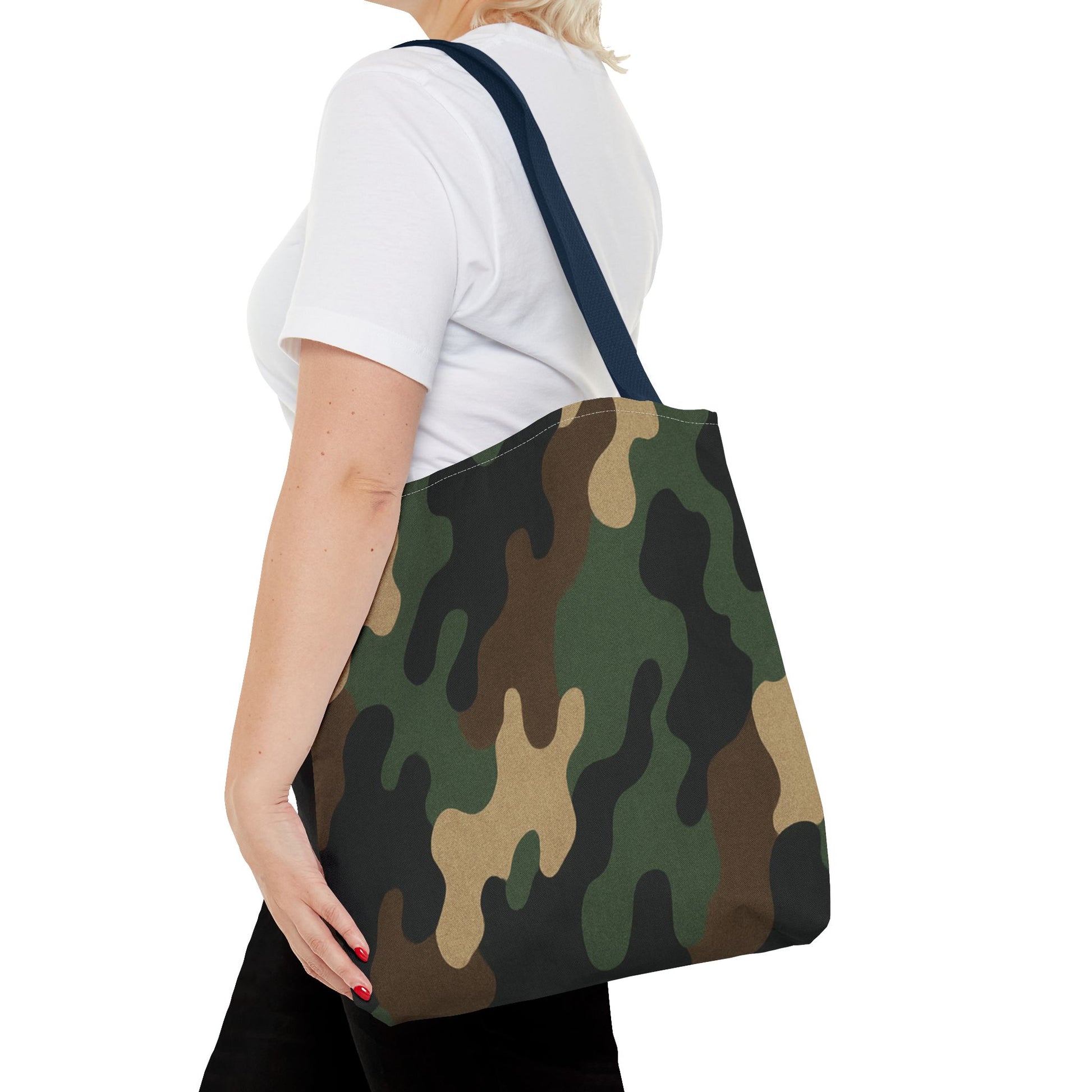 Camo pattern tote bag with all-over print canvas design, stylish carryall bag by Printify.