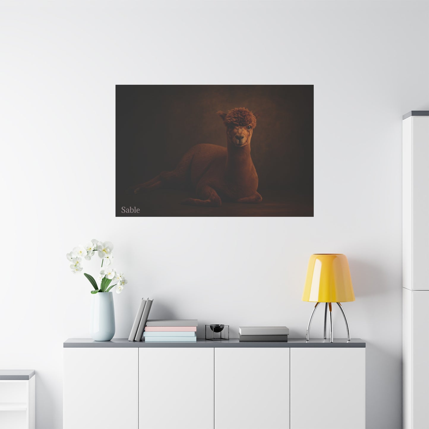 Alpaca portrait printed on matte canvas by Printify, featuring a detailed and vibrant alpaca illustration on high-quality canvas.