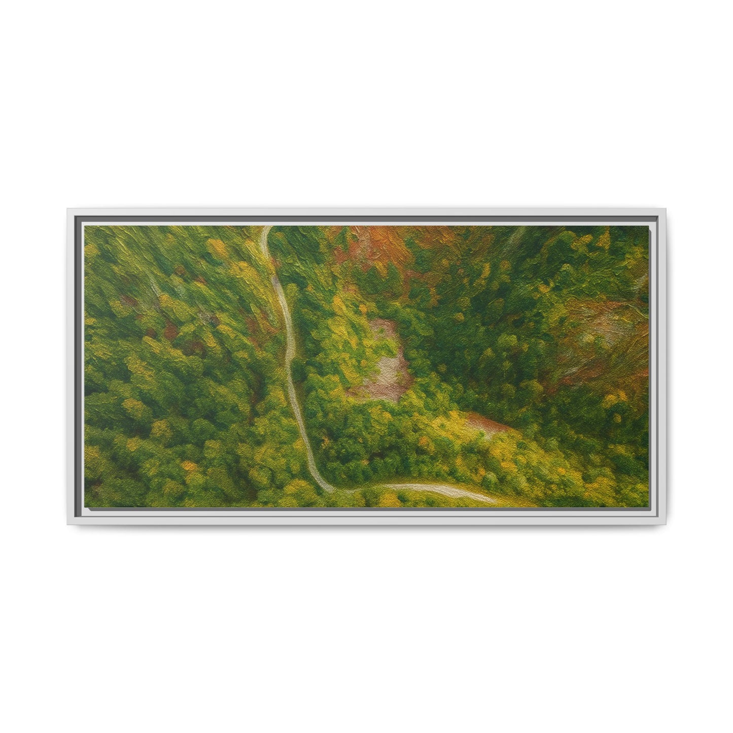 Colorful framed matte canvas wall art featuring a detailed aerial forest path landscape by Printify.