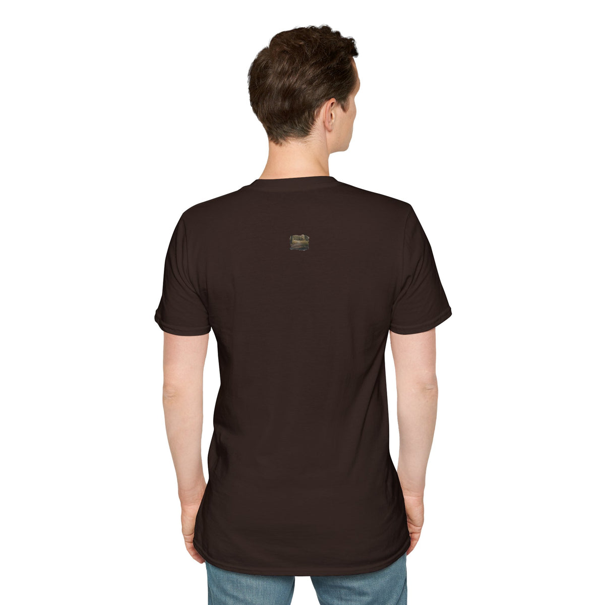 Vintage forest landscape T-shirt by Printify featuring a nature pathway design on a casual cotton tee.