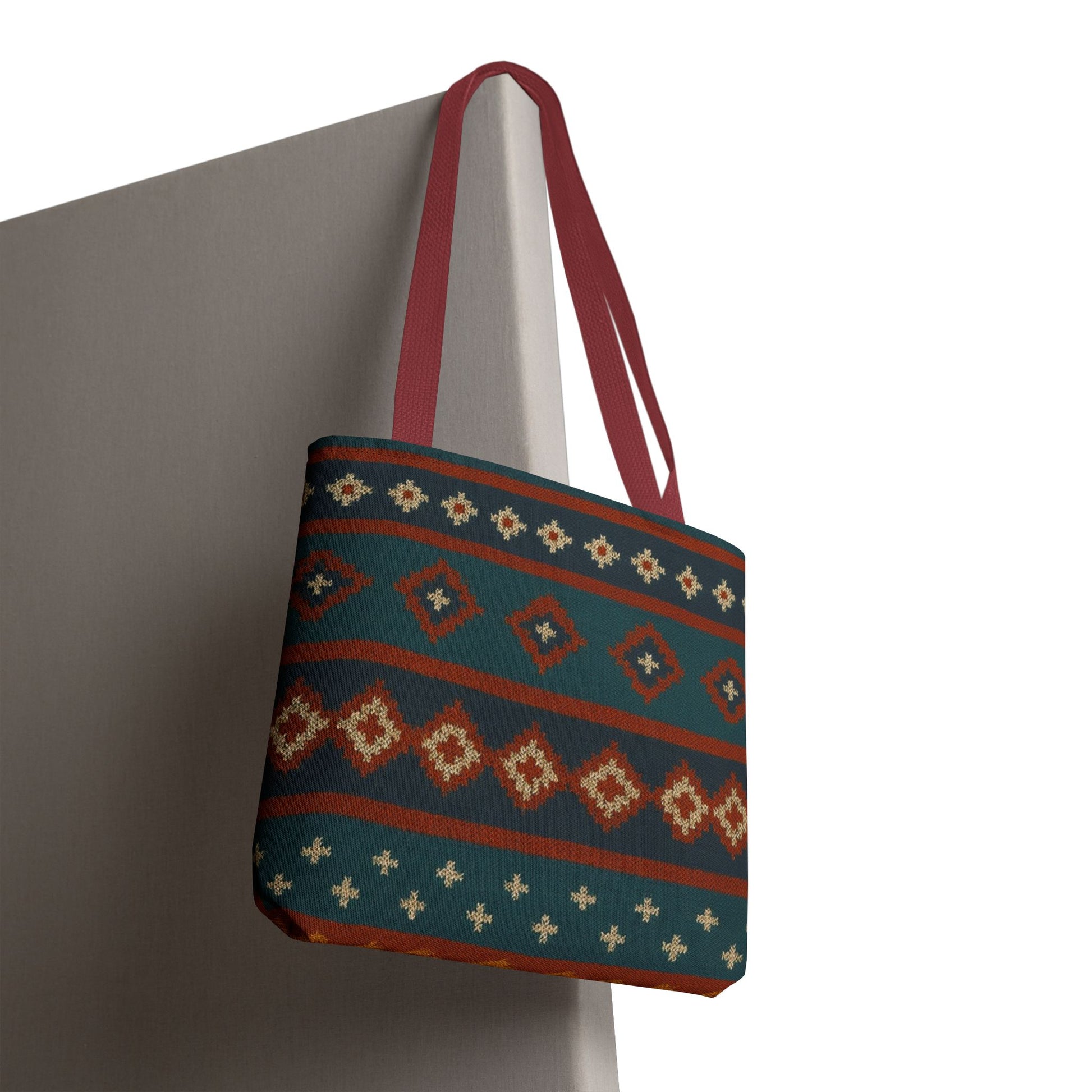 Southwestern diamond pattern tote bag with Aztec tribal geometric print, featuring sturdy handles and vibrant design.