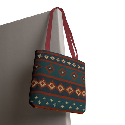Southwestern diamond pattern tote bag with Aztec tribal geometric print, featuring sturdy handles and vibrant design.