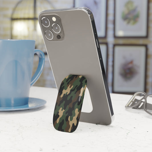 Military green camo phone grip with click-on stand and secure hold, designed for easy handling and versatile device support.