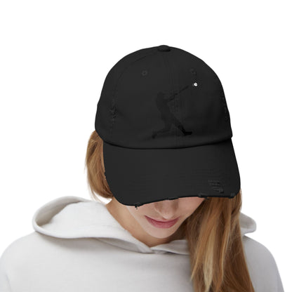 Distressed baseball cap with silhouette batter design, casual hat by Printify featuring a worn, vintage style.
