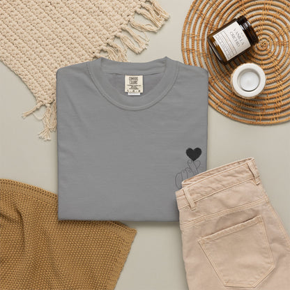 Black Finger Heart T-Shirt with minimal heart graphic from Printify, soft cotton tee perfect for casual wear.