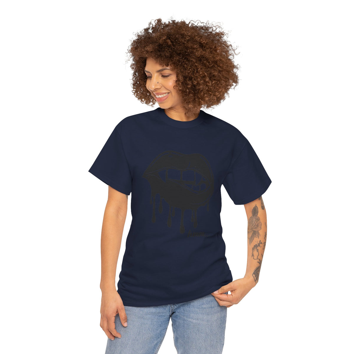 Graphic T-shirt from Printify featuring a dripping lips 'hmm...' bite design in bold black and white print.