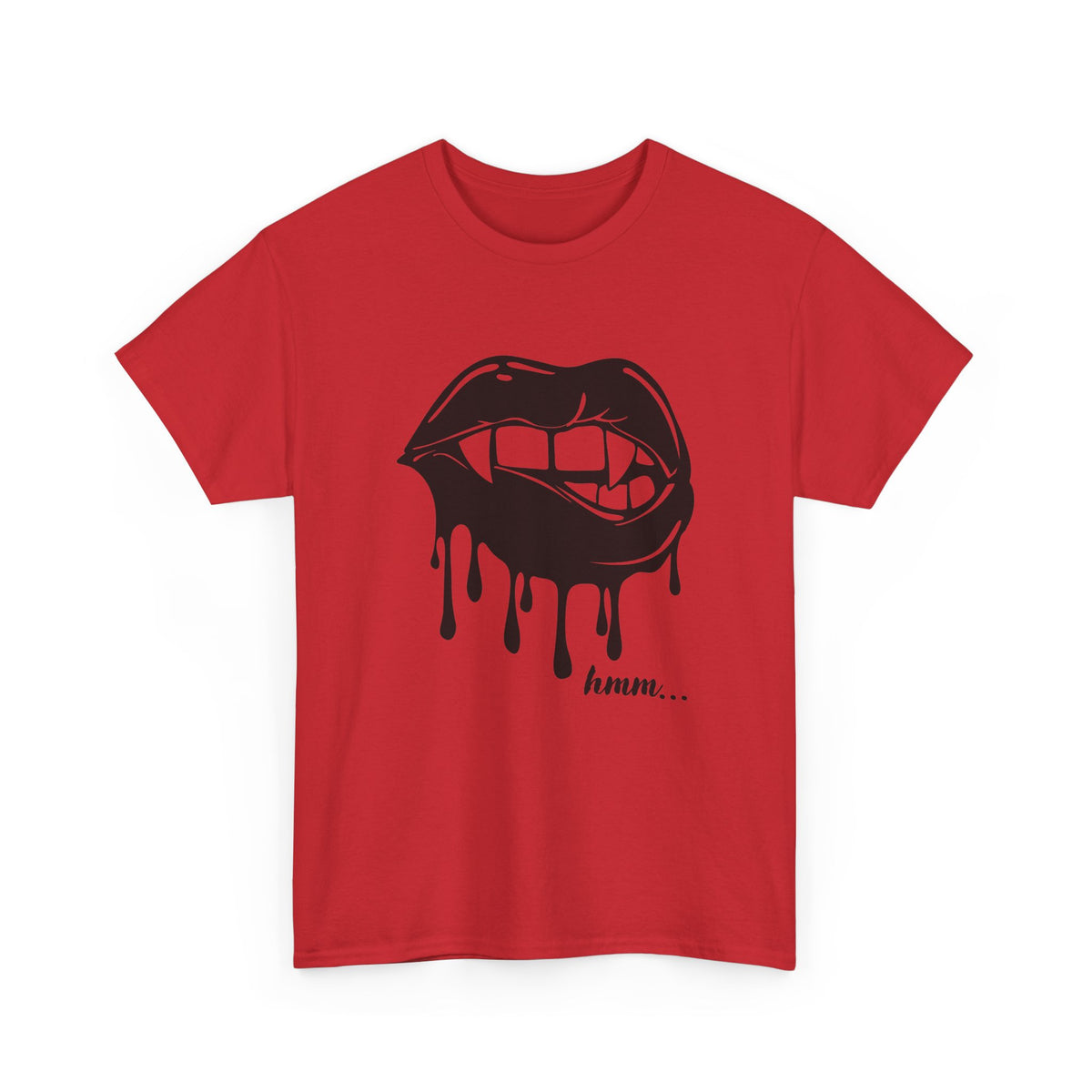 Black graphic T-shirt featuring dripping lips and "hmm..." bite design by Printify, casual wear with bold, artistic print.