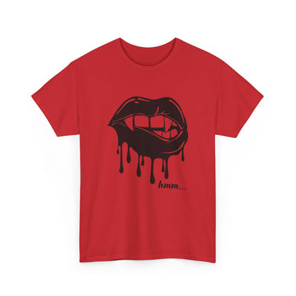 Black graphic T-shirt featuring dripping lips and "hmm..." bite design by Printify, casual wear with bold, artistic print.