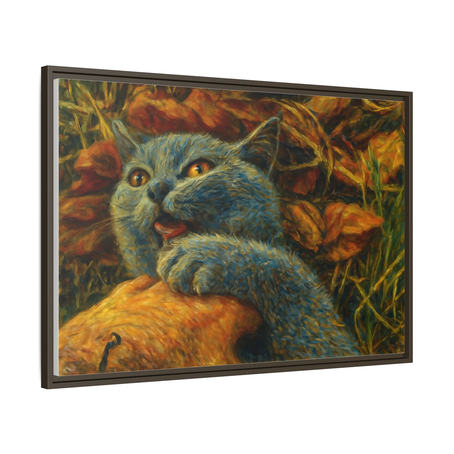 Blue cat canvas print featuring whimsical wall art, perfect gift for cat lovers, by Printify.