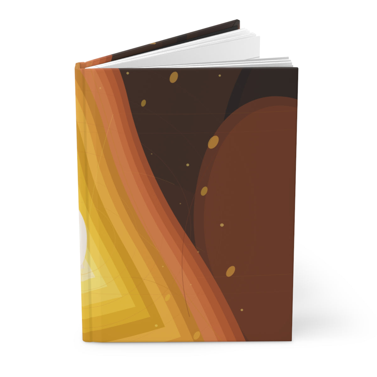 Abstract sunset waves hardcover journal with geometric retro layers, featuring vibrant colors and artistic design on the cover.