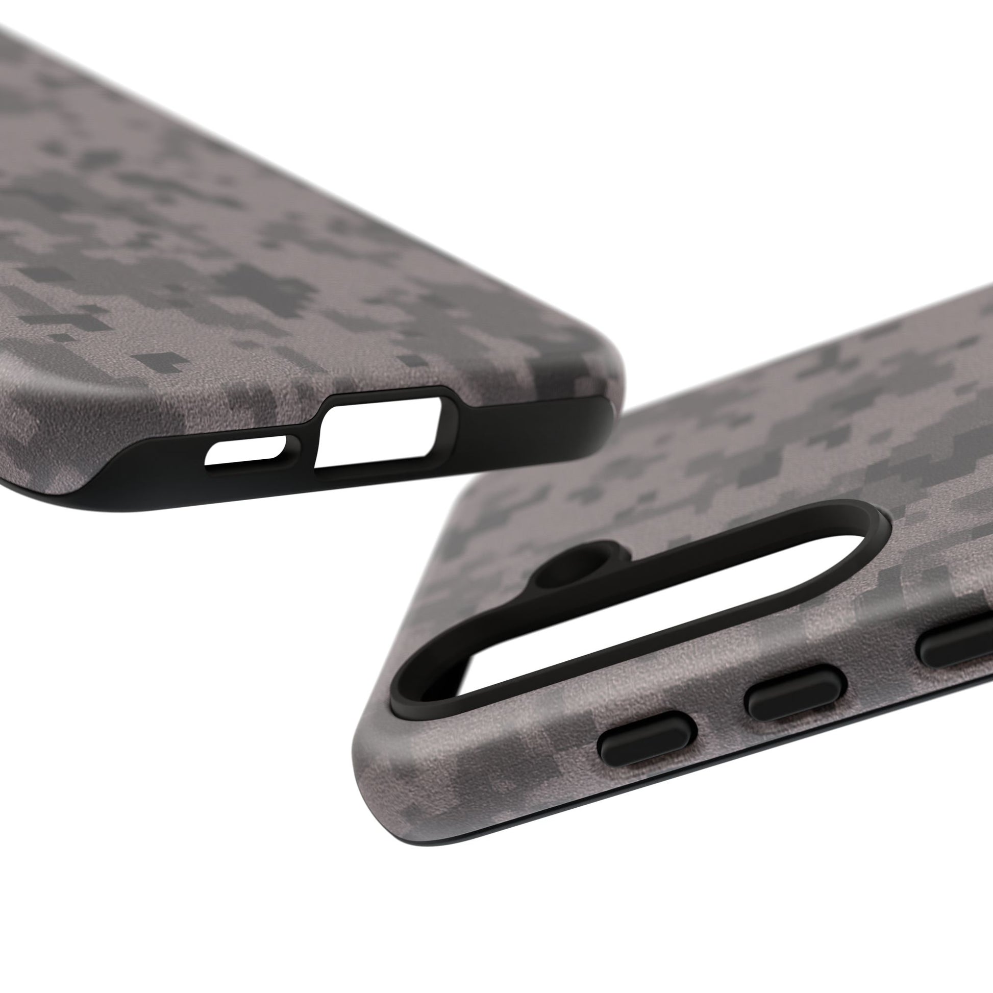 Gray digital camo print phone case by Printify, tough protective cover for smartphones with camouflage design.