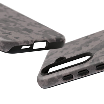 Gray digital camo print phone case by Printify, tough protective cover for smartphones with camouflage design.