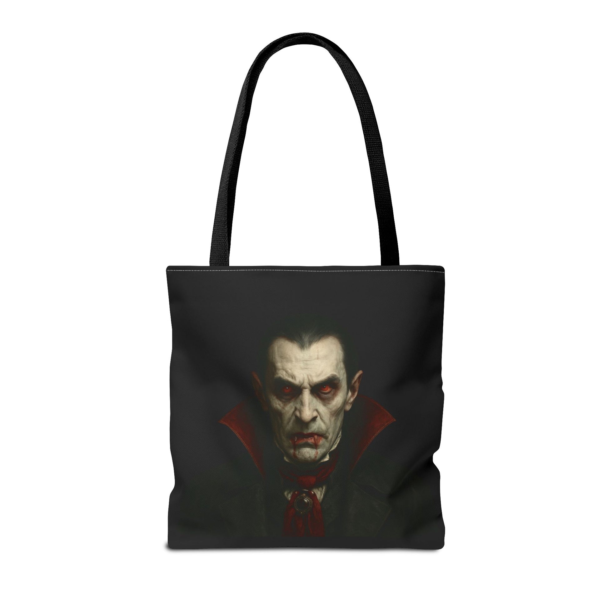 Black vampire tote bag with spooky gothic design, featuring a vampire motif, ideal for Halloween accessories and Gothic fashion.