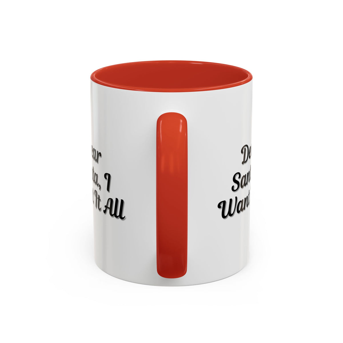 White ceramic "Dear Santa I Want It All" holiday coffee mug with red and green festive accents, perfect for Christmas gift.