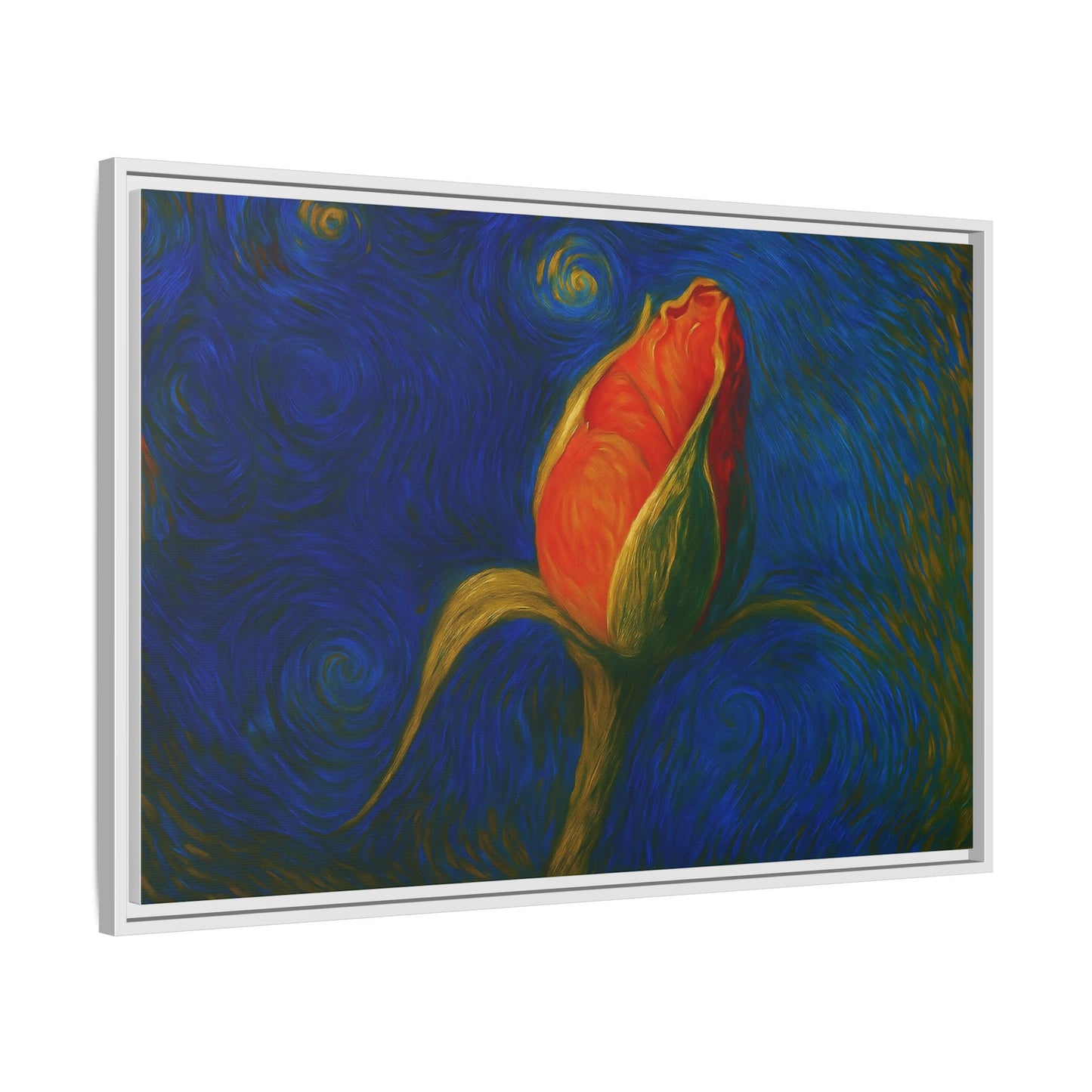 Red rose bud painting on framed canvas wall art, featuring matte finish floral artwork by Printify.