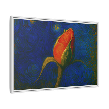 Red rose bud painting on framed canvas wall art, featuring matte finish floral artwork by Printify.
