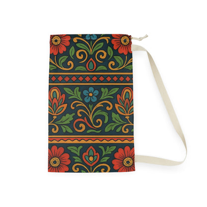 Boho floral laundry bag with folk floral pattern and drawstring closure, made by Printify, suitable for laundry and storage.