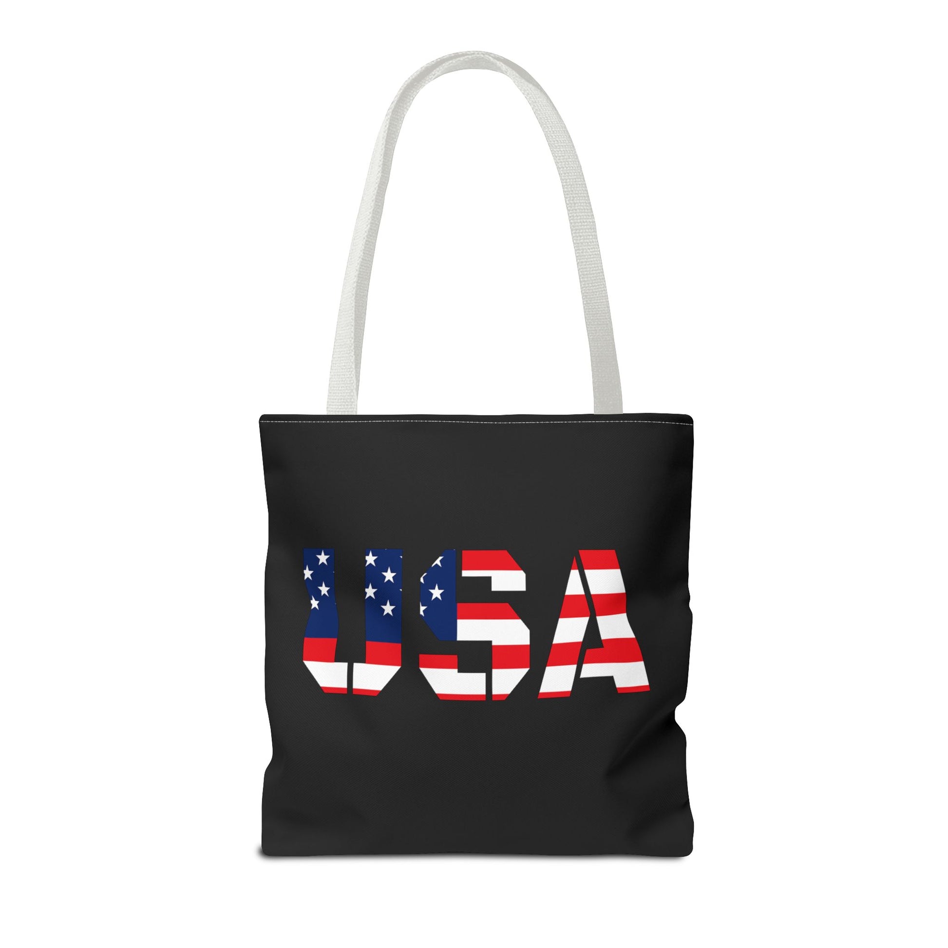 USA flag tote bag from Printify, reusable summer carryall with patriotic stars and stripes for 4th of July celebrations.