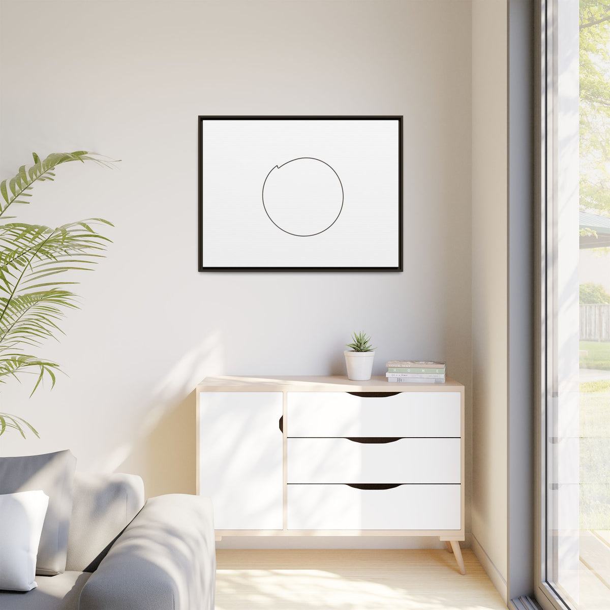 Framed matte canvas wall art featuring a minimal circular line design, by Printify, hanging on a modern interior wall.