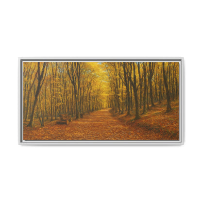 Autumn forest path matte canvas wall art with framed print, featuring vibrant fall foliage and a peaceful woodland scene.