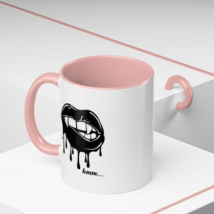 Black Dripping Lips Accent Coffee Mug with Bite graphic, available in 11oz and 15oz sizes, featuring a bold, artistic design.