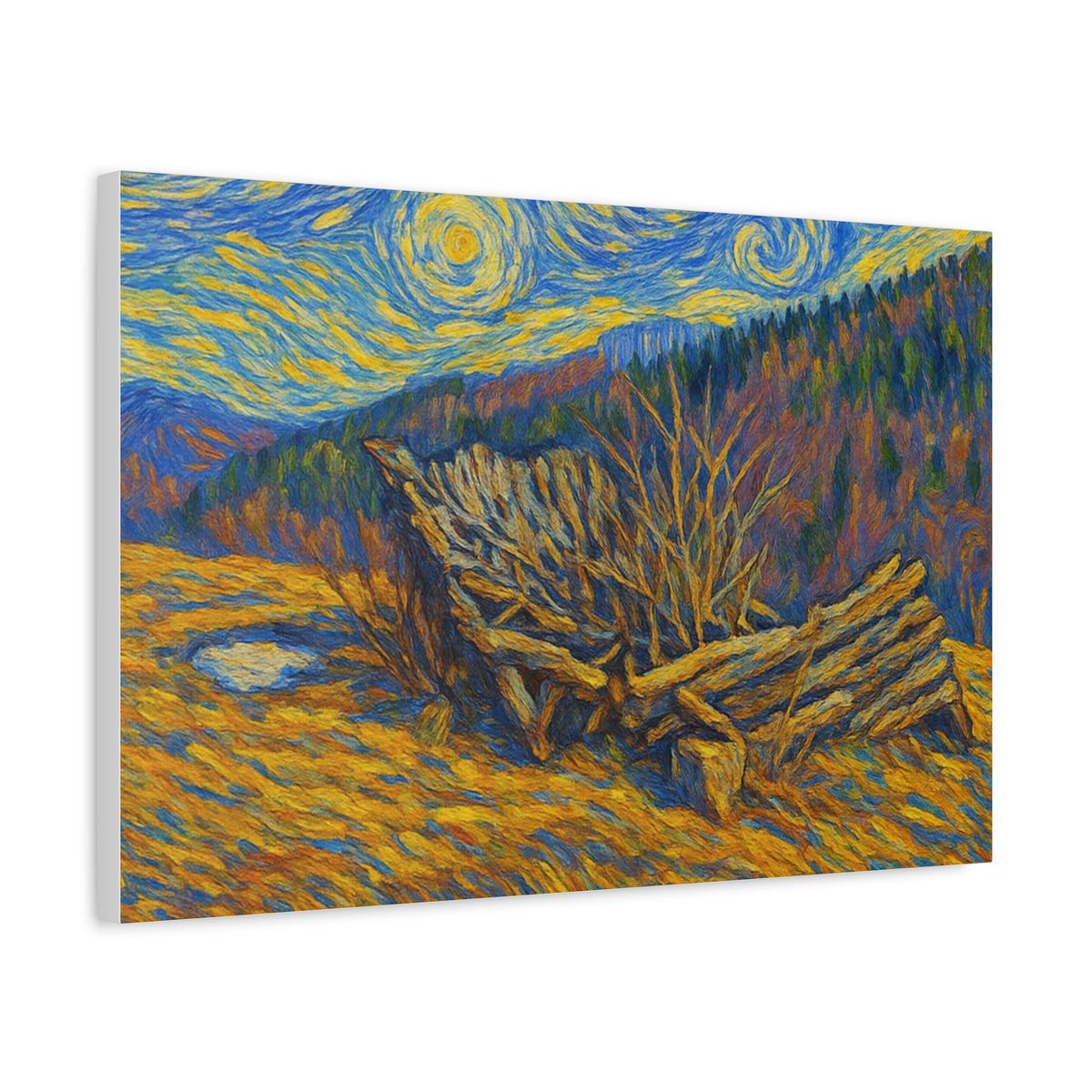 Impressionist Starry Landscape canvas print by Printify featuring a vibrant, starry night scene on a high-quality canvas.
