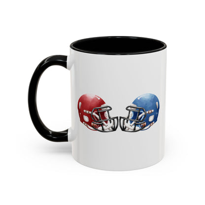 Football Helmet Coffee Mug — Red vs Blue Rivalry Accent Mug (11/15oz)