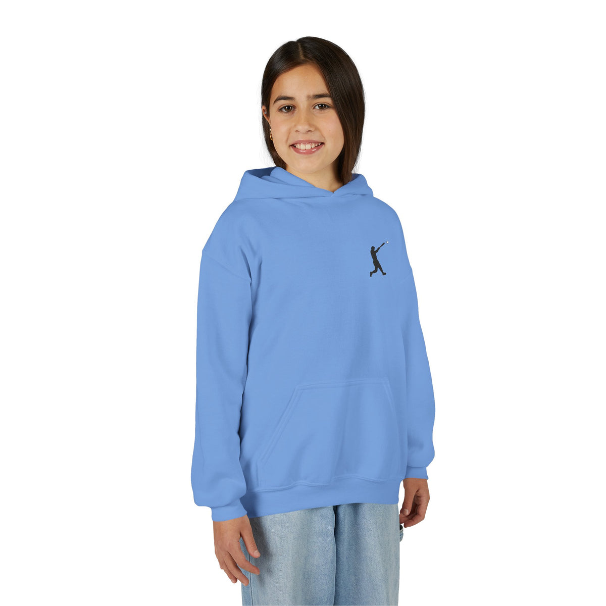 Kids baseball silhouette hoodie featuring a youth baseball player graphic, stylish pullover for kids.