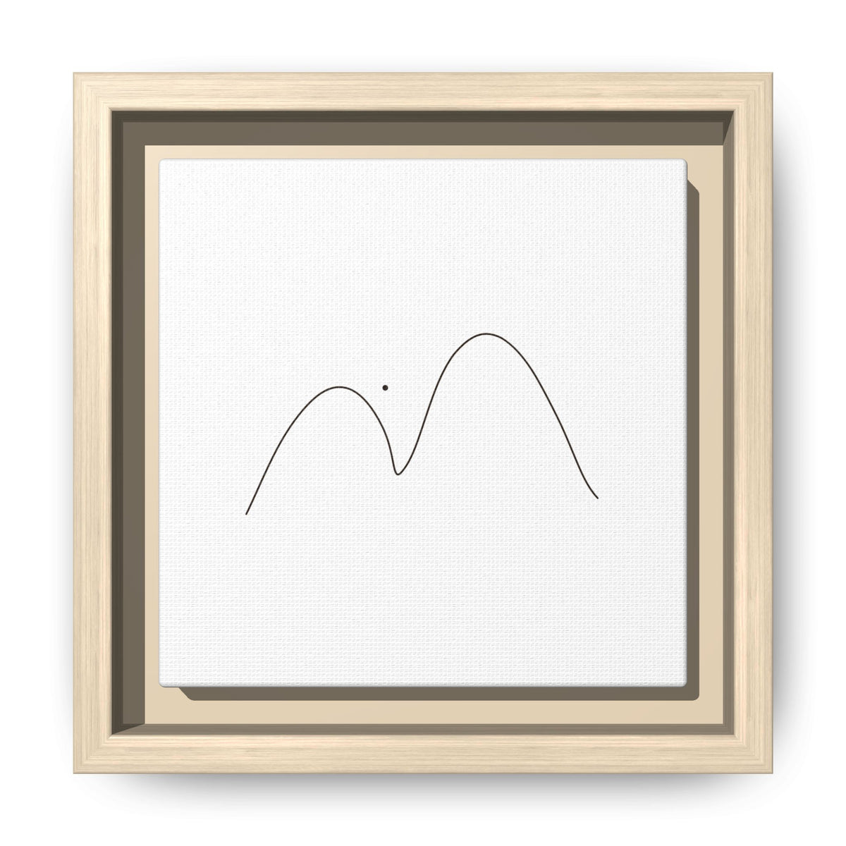 Framed minimalist mountain line art on matte canvas, modern wall decor by Printify featuring simple mountain outline design.