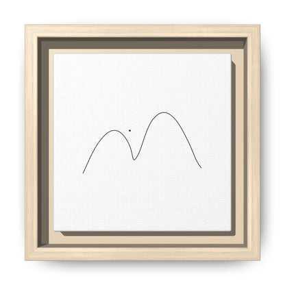 Framed minimalist mountain line art on matte canvas, modern wall decor by Printify featuring simple mountain outline design.