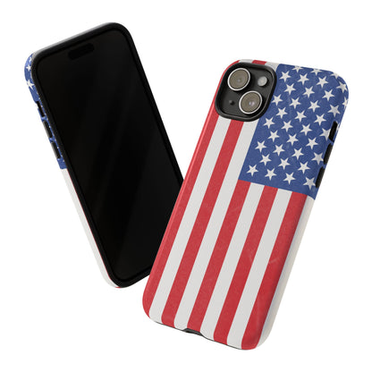 Durable American flag phone case for iPhone by Printify, featuring patriotic design and protective, rugged construction.