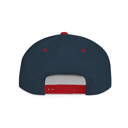 Minimalist hand gesture flat bill snapback hat by Printify, featuring a simple design and adjustable snap closure.