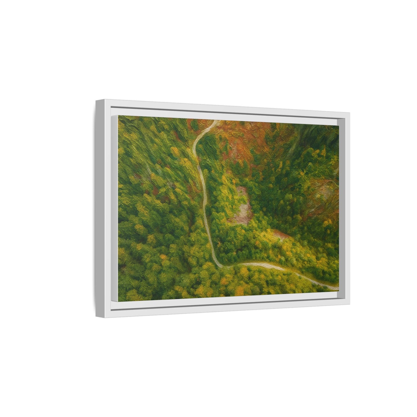 Multicolored framed matte canvas wall art featuring an aerial view of a forest path landscape by Printify