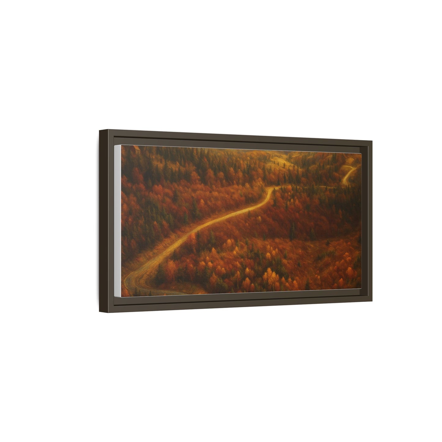 Framed matte canvas print of autumn forest road landscape wall art by Printify, featuring vibrant fall colors and scenic nature scene.