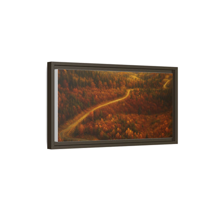 Framed matte canvas print of autumn forest road landscape wall art by Printify, featuring vibrant fall colors and scenic nature scene.