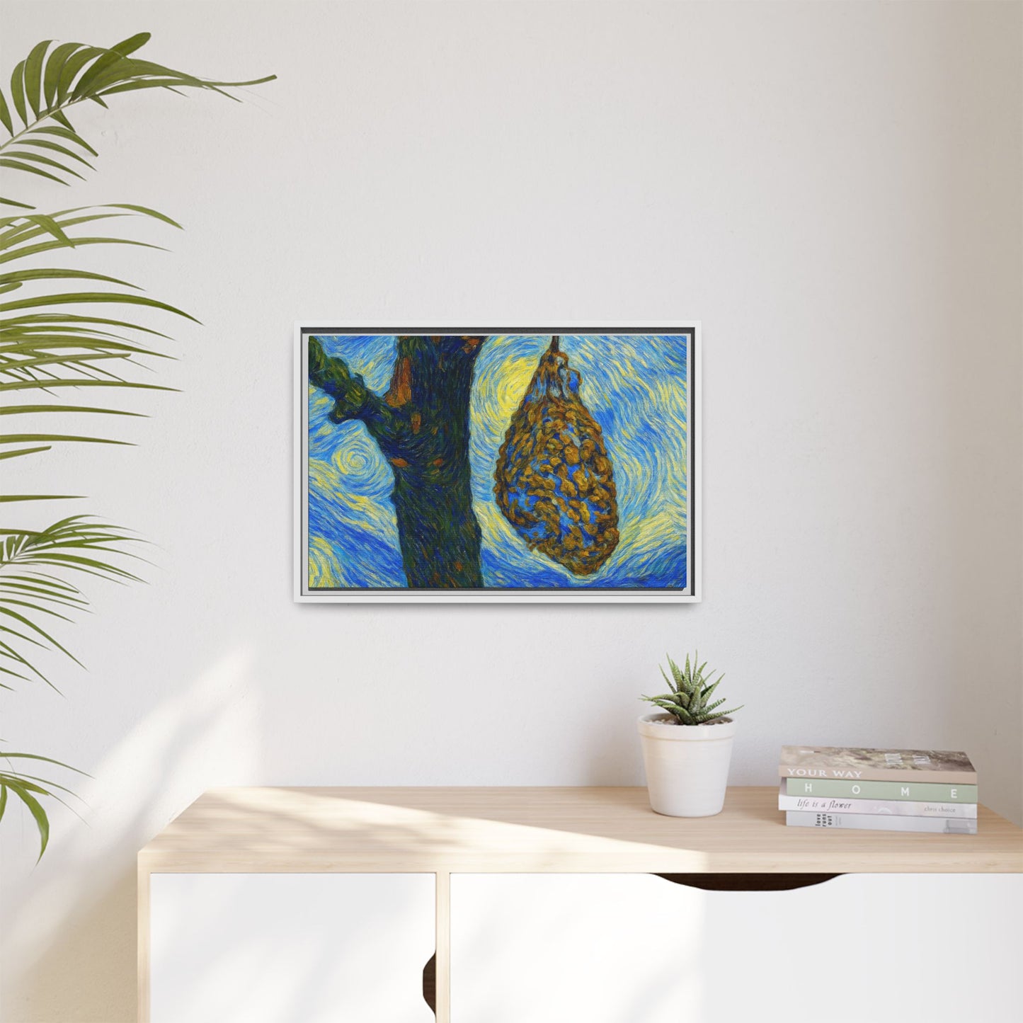 Framed matte canvas art of a starry nut cluster with dried plum in a tree, by Printify, showcasing detailed botanical imagery.