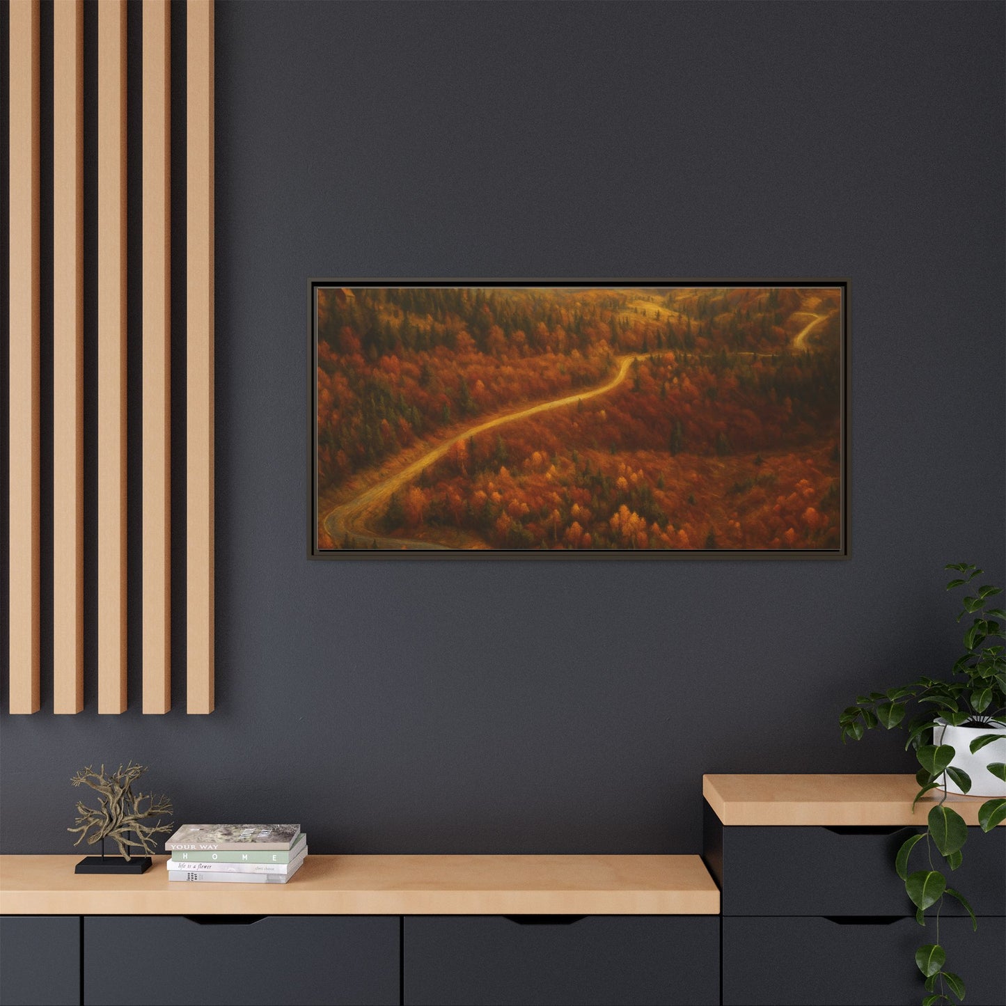 Framed matte canvas print of a scenic autumn forest road landscape wall art by Printify
