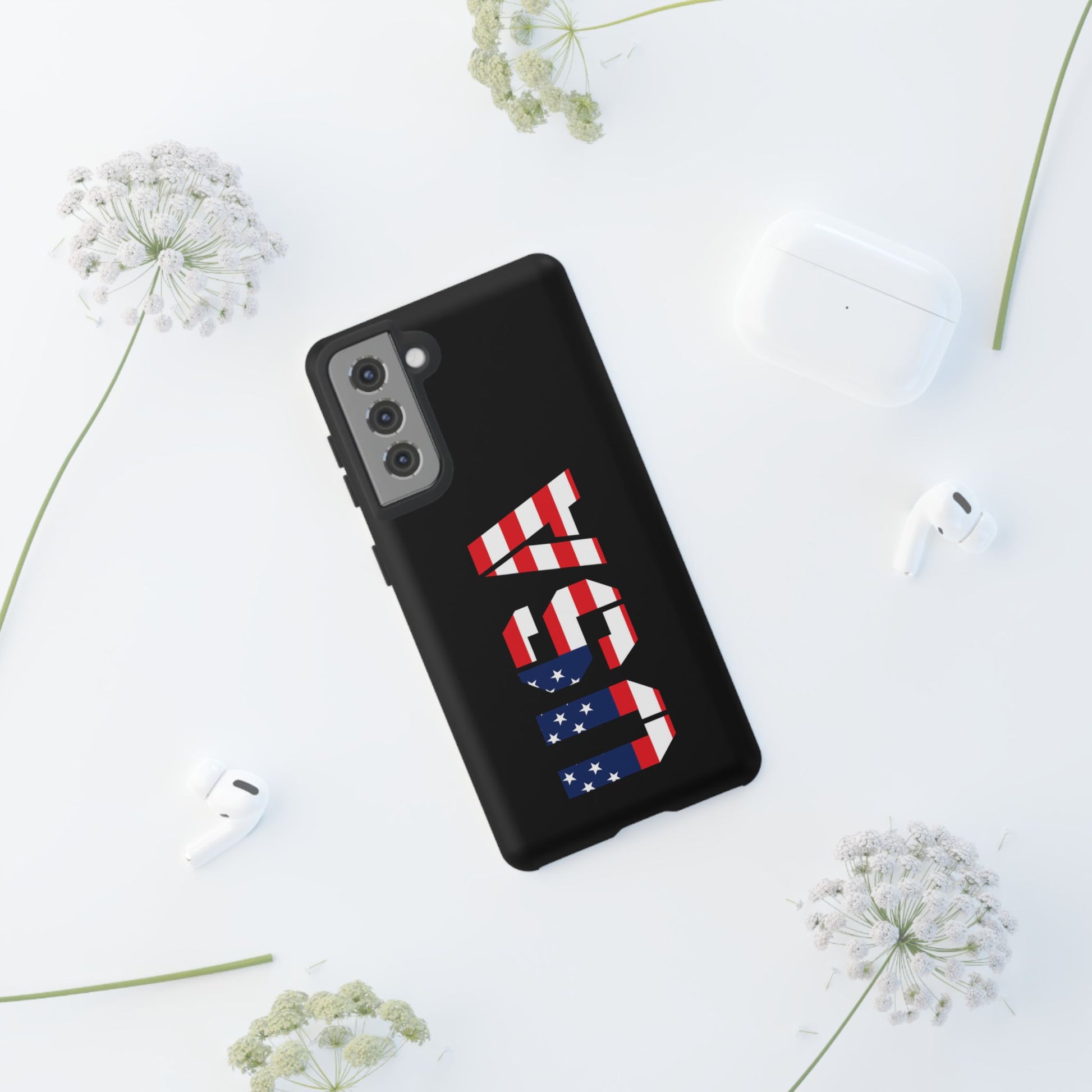 Patriotic American flag tough phone case by Printify, featuring a bold red, white, and blue American flag design on a durable case.