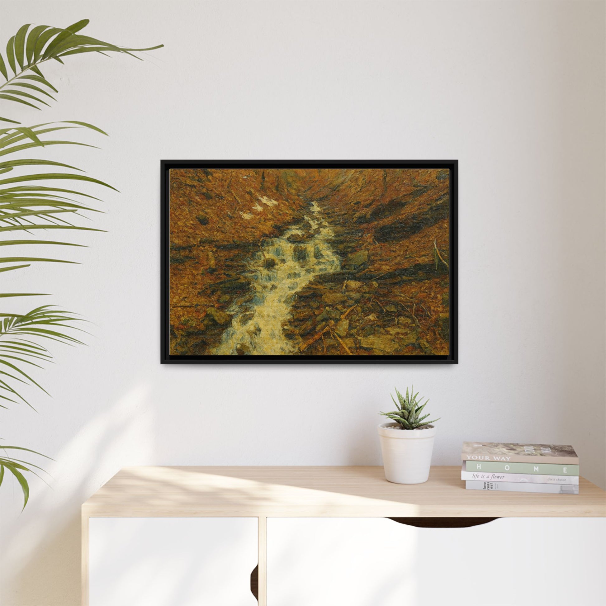 Framed matte canvas print of autumn stream landscape artwork by Printify, showcasing colorful fall trees and calm water scene.