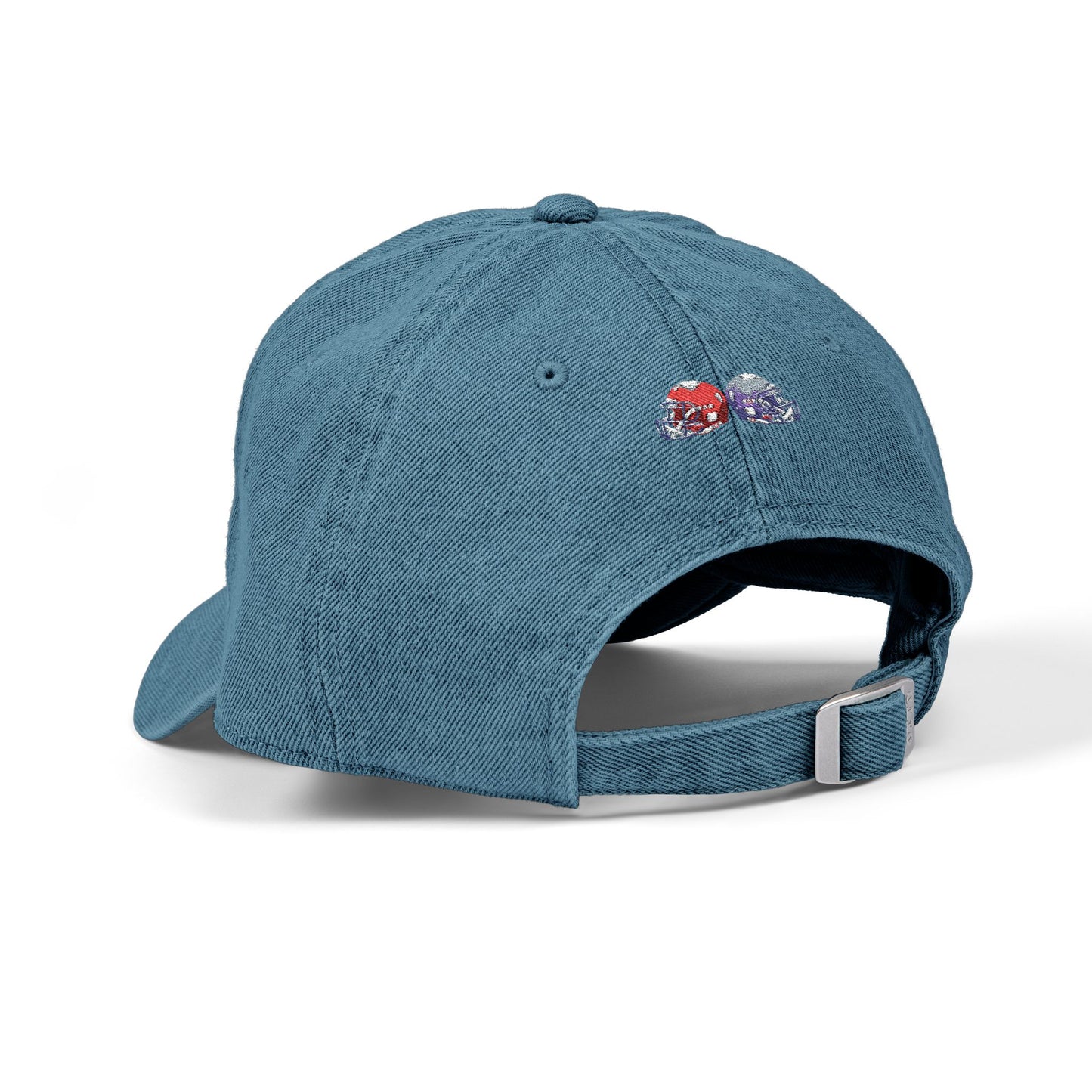 Red and blue embroidered football helmets denim hat showing team-themed embroidery, stylish casual hat by Printify.