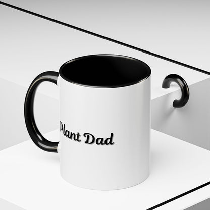 Black-handle Plant Dad coffee mug featuring plant lover design, available in 11oz or 15oz sizes, perfect for plant enthusiasts.