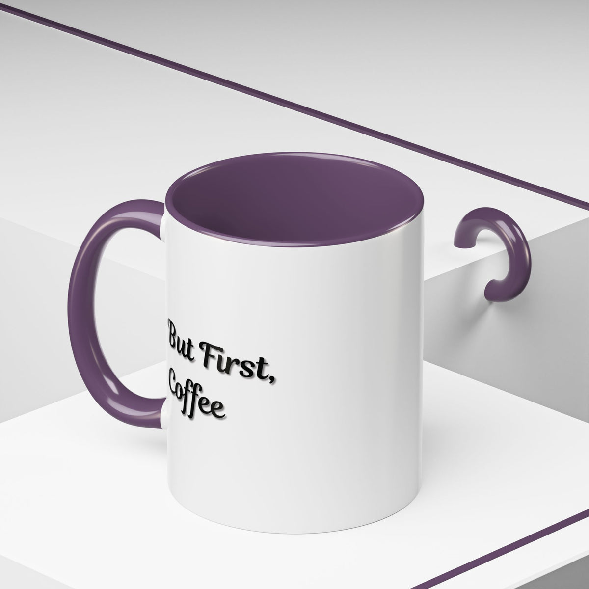 Black handle and rim coffee mug featuring "But First Coffee" print, 11oz or 15oz size, by Printify.