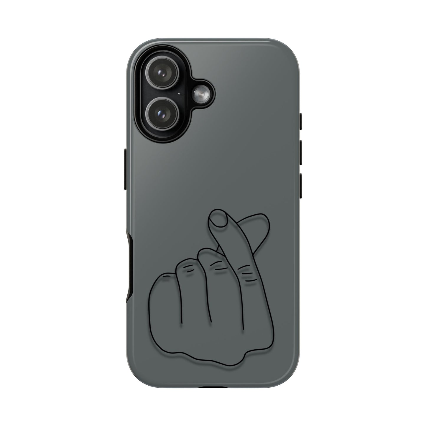 Silicone phone case with embossed Korean finger heart design, compatible with smartphones, by Printify.