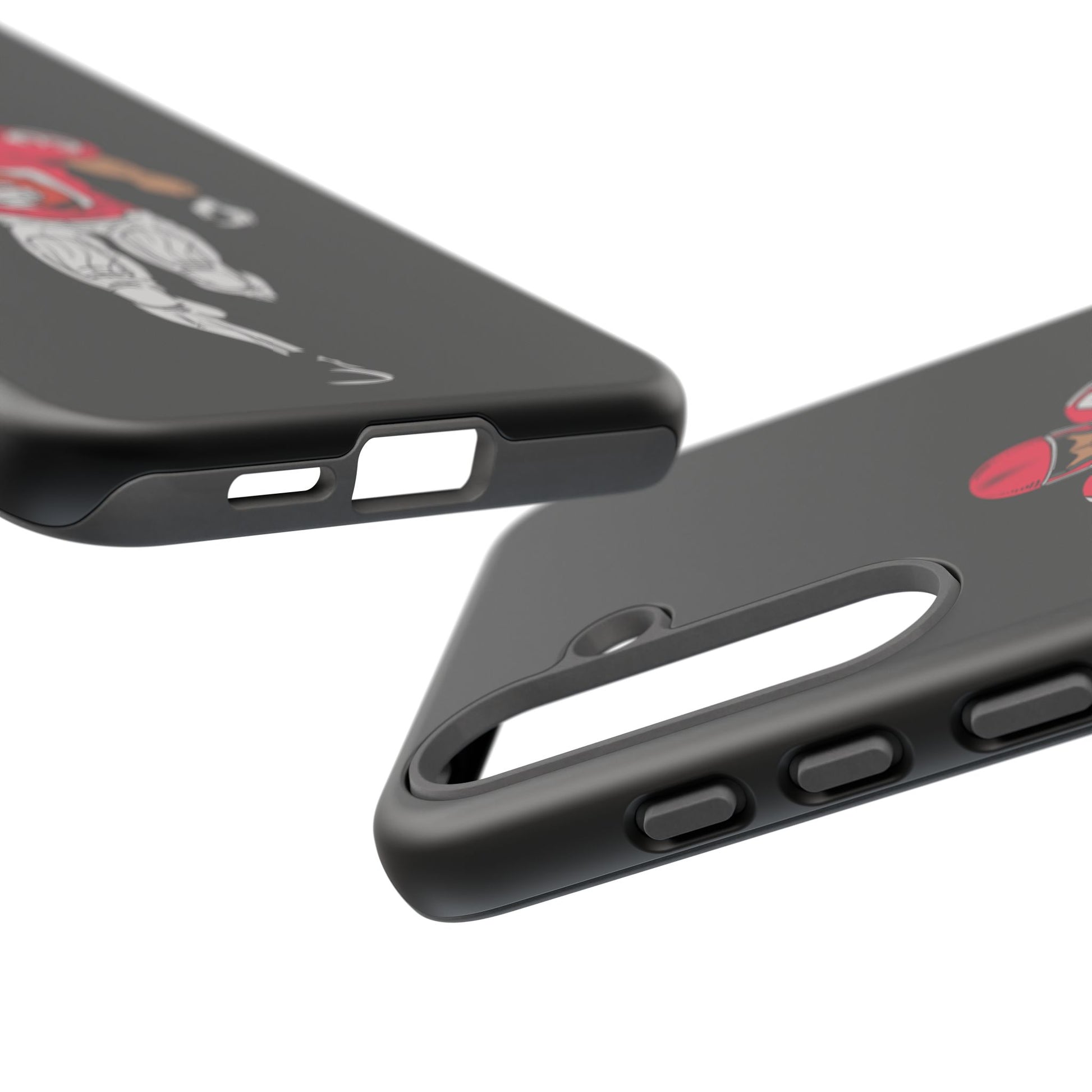 Black football player tough phone case for iPhone, protective sports-style case by Printify, featuring a dynamic football athlete design.