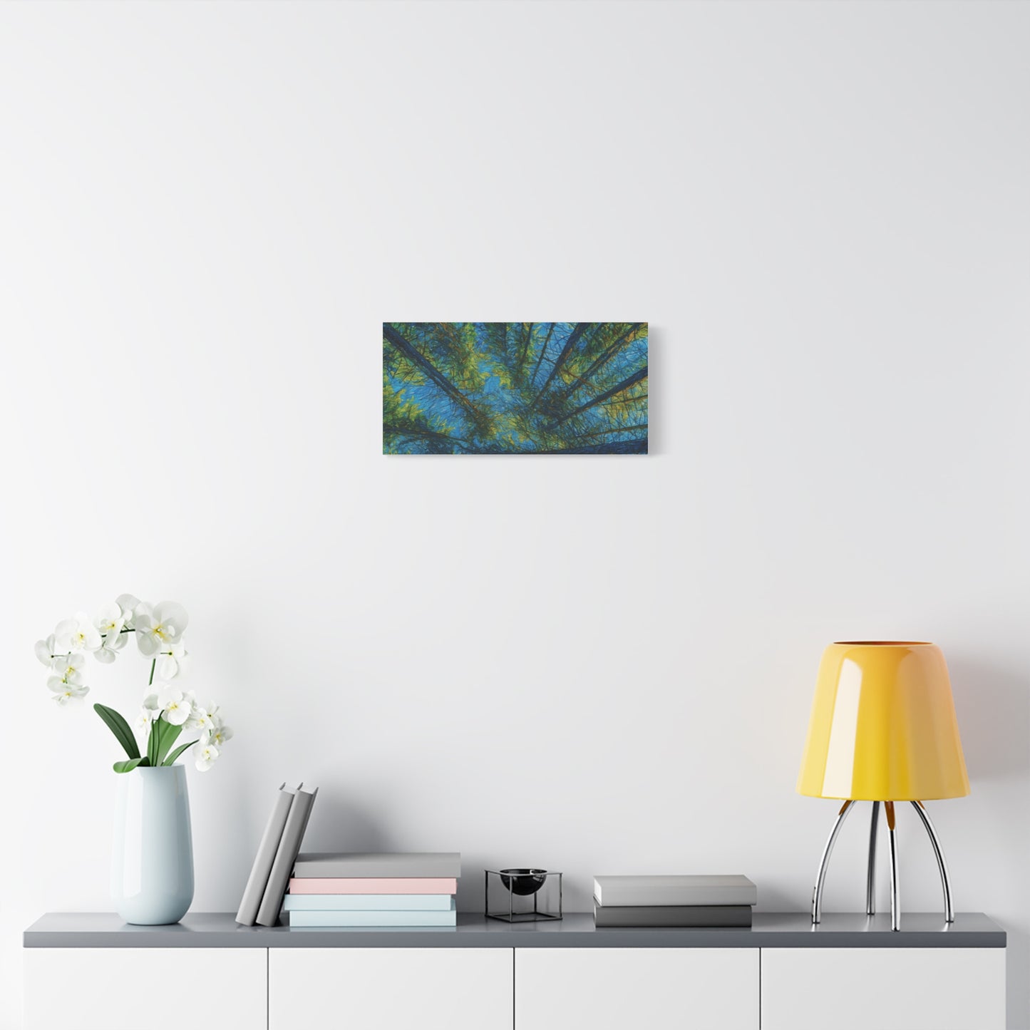 Forest Canopy Matte Canvas Wall Art — Upward View of Trees, Blue & Green Nature Print